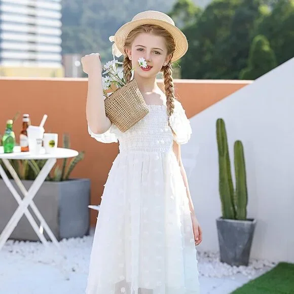 Girls White Chiffon Dress with Pom Poms & Ruffle Short Sleeve